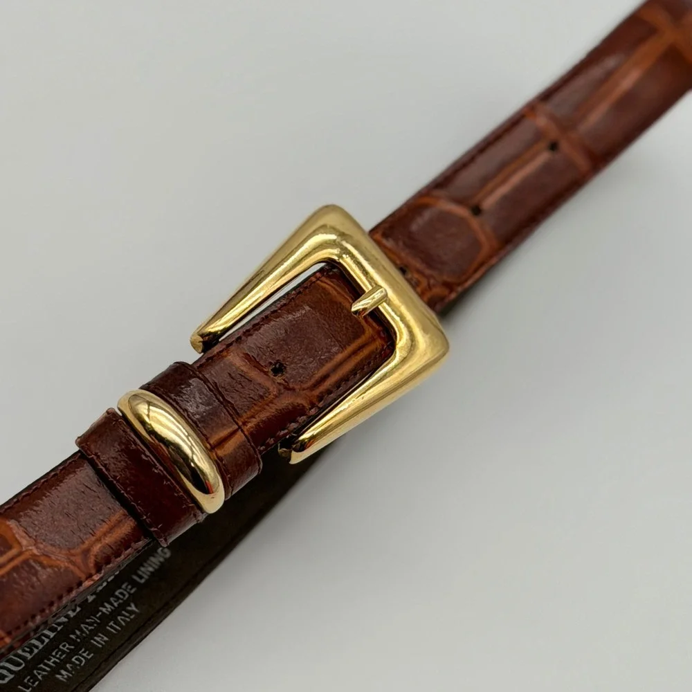 Jacqueline Ferrar Brown Croc Embossed Leather Belt Gold Buckle Made in Italy L